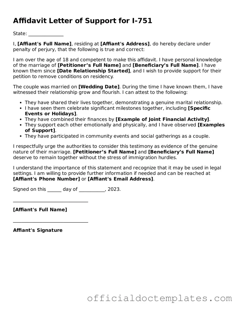 Fillable Affidavit Letter of Support for I-751 Template