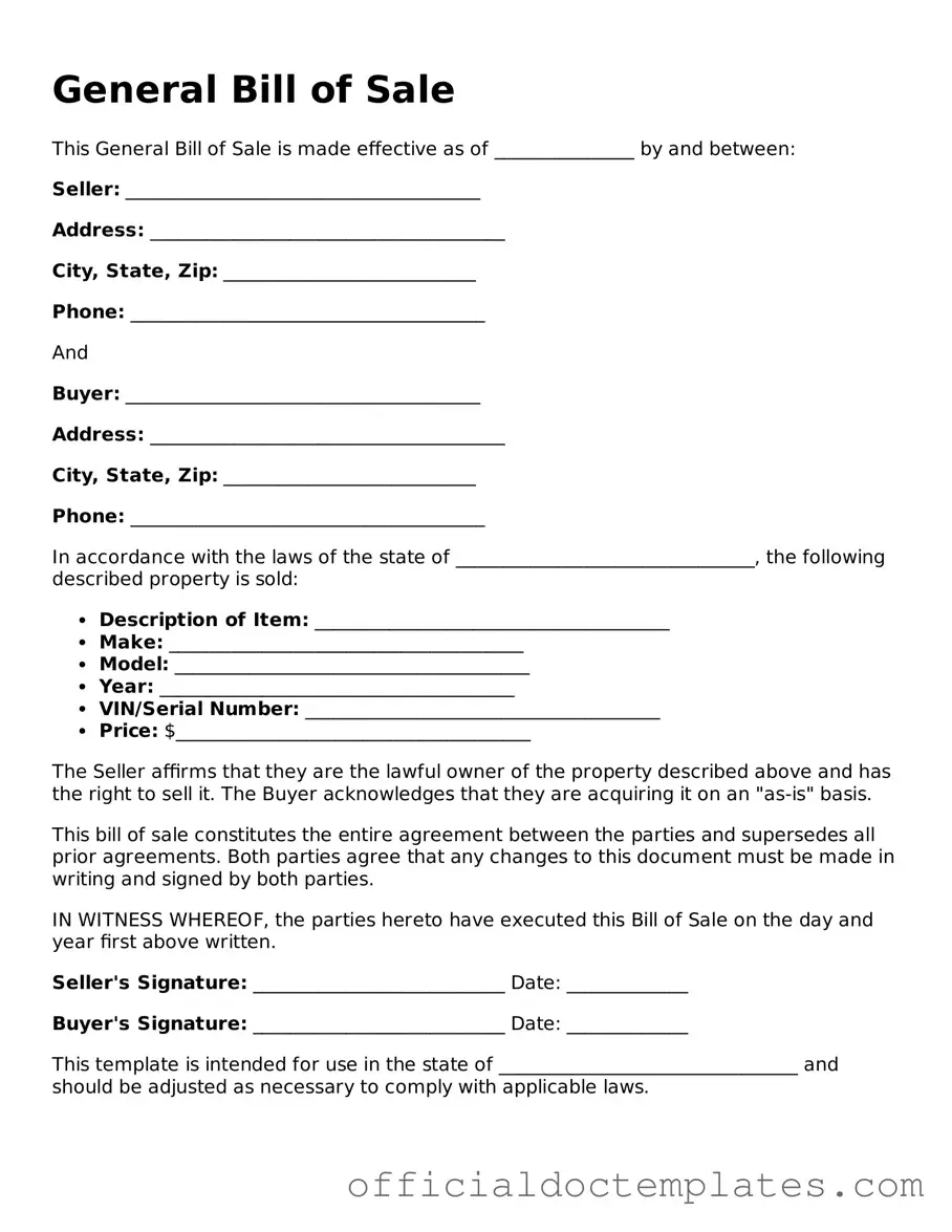 Fillable General Bill of Sale Template