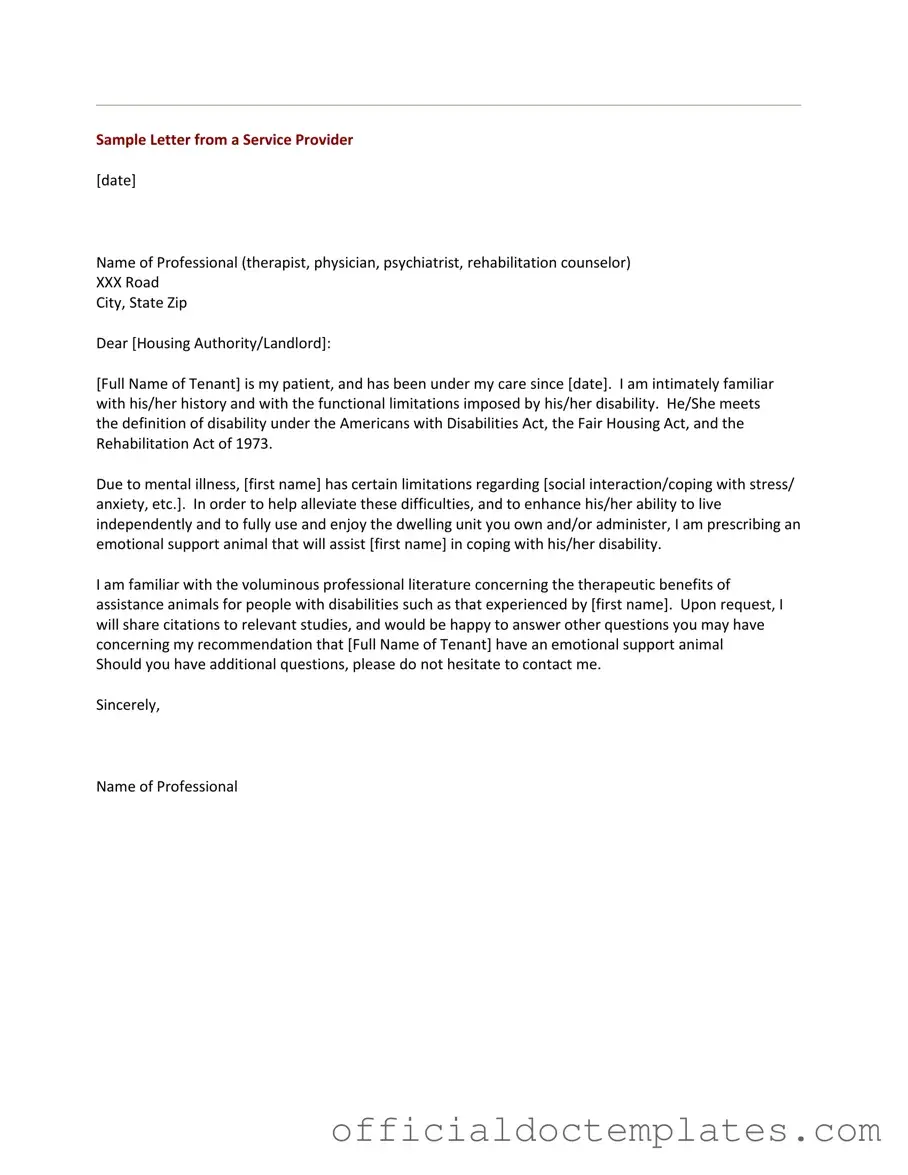 Fill Your Emotional Support Animal Letter Template