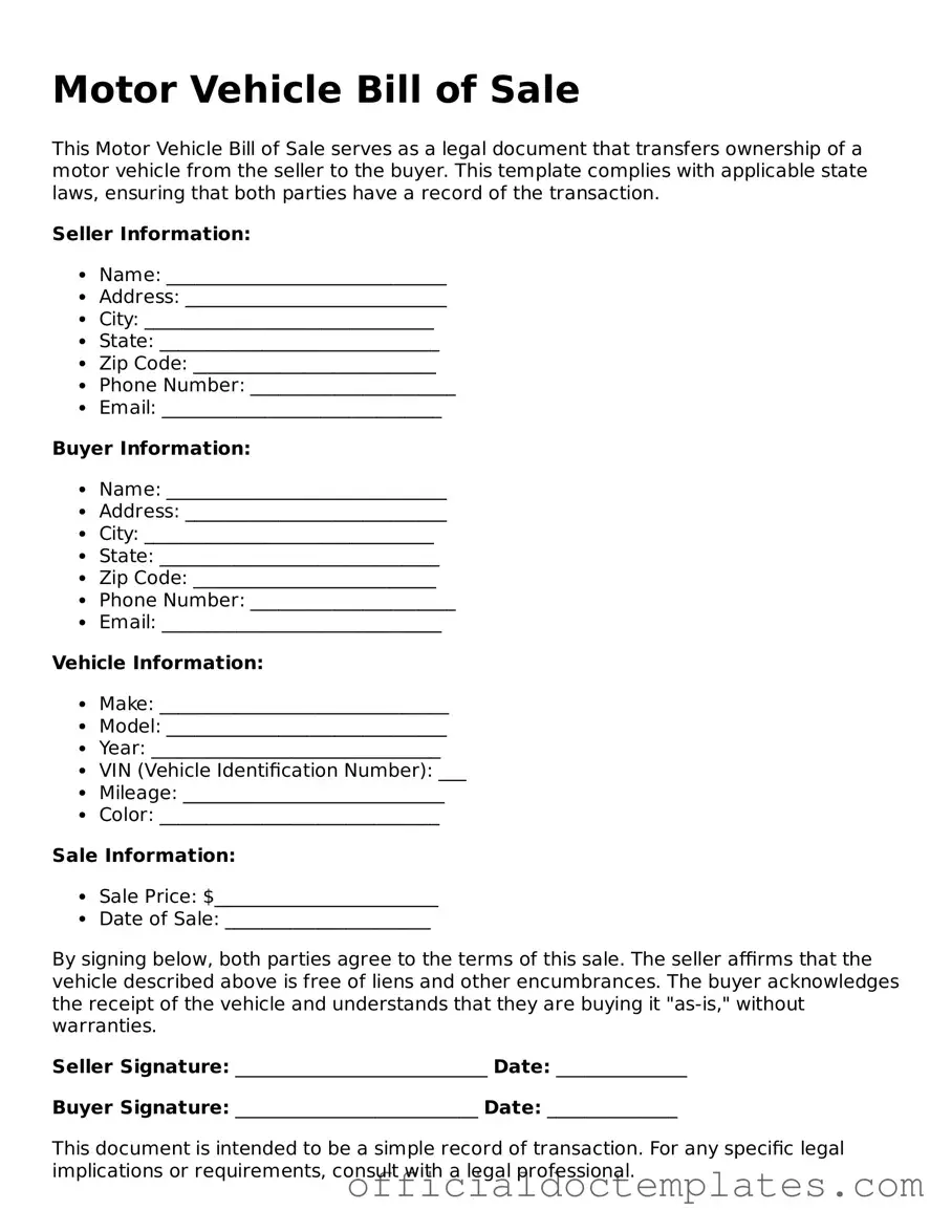 Fillable Motor Vehicle Bill of Sale Template
