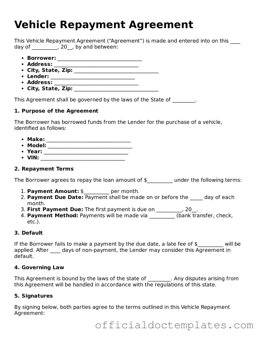 Fillable Vehicle Repayment Agreement Template