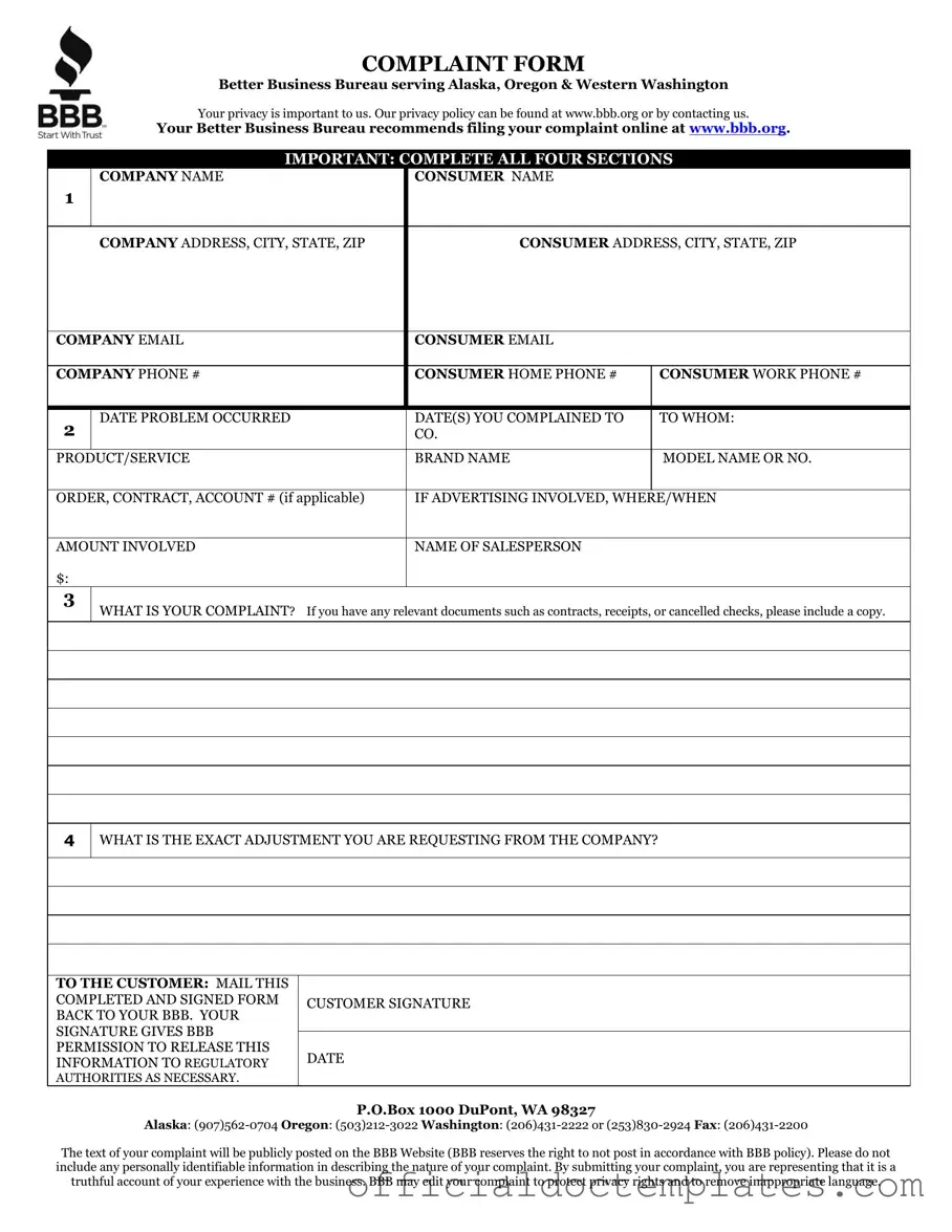 Fill Your Bbb Complaint Template