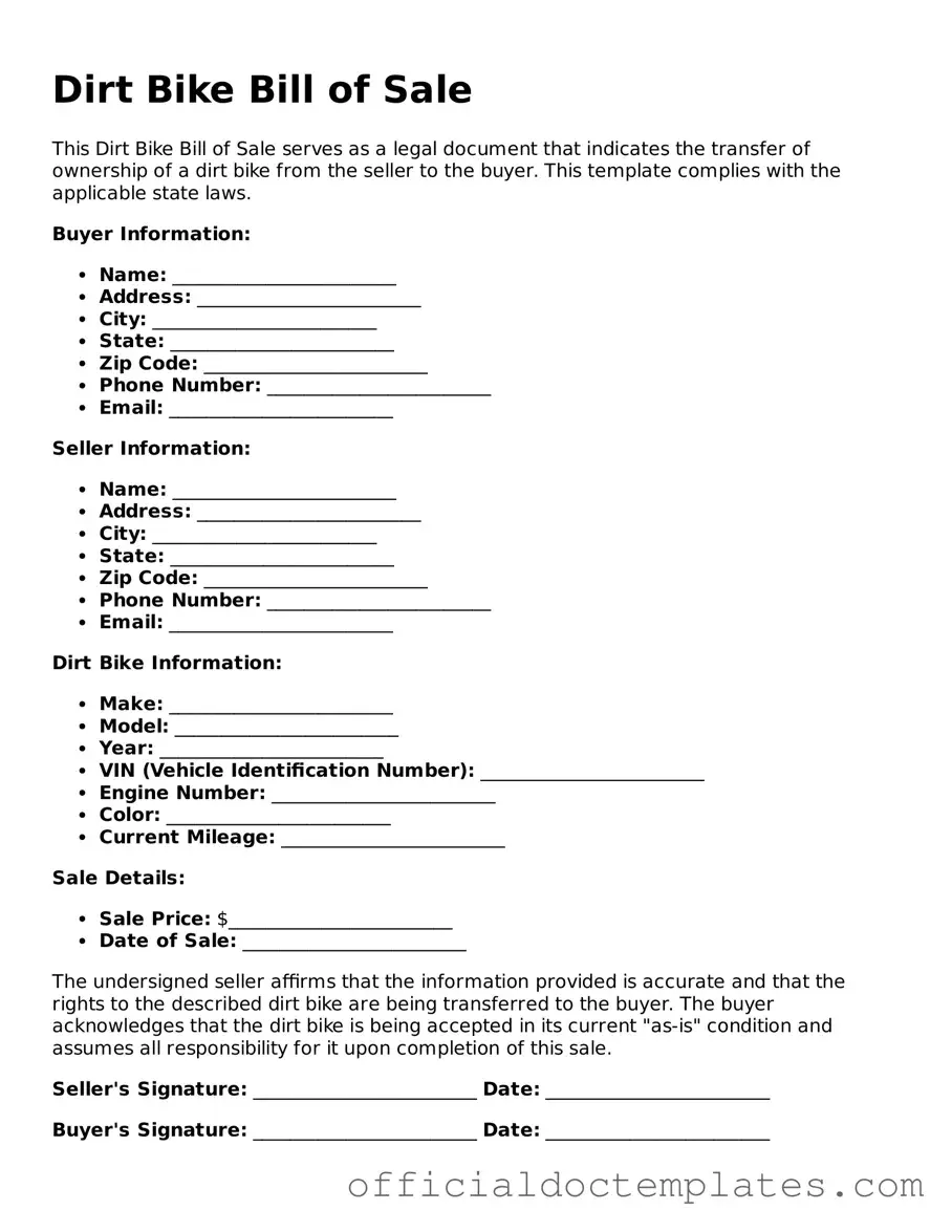 Fillable Dirt Bike Bill of Sale Template