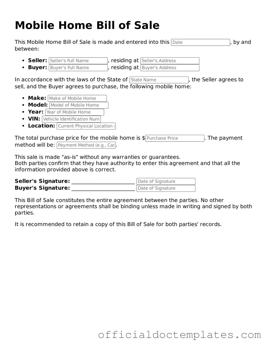 Fillable Mobile Home Bill of Sale Template