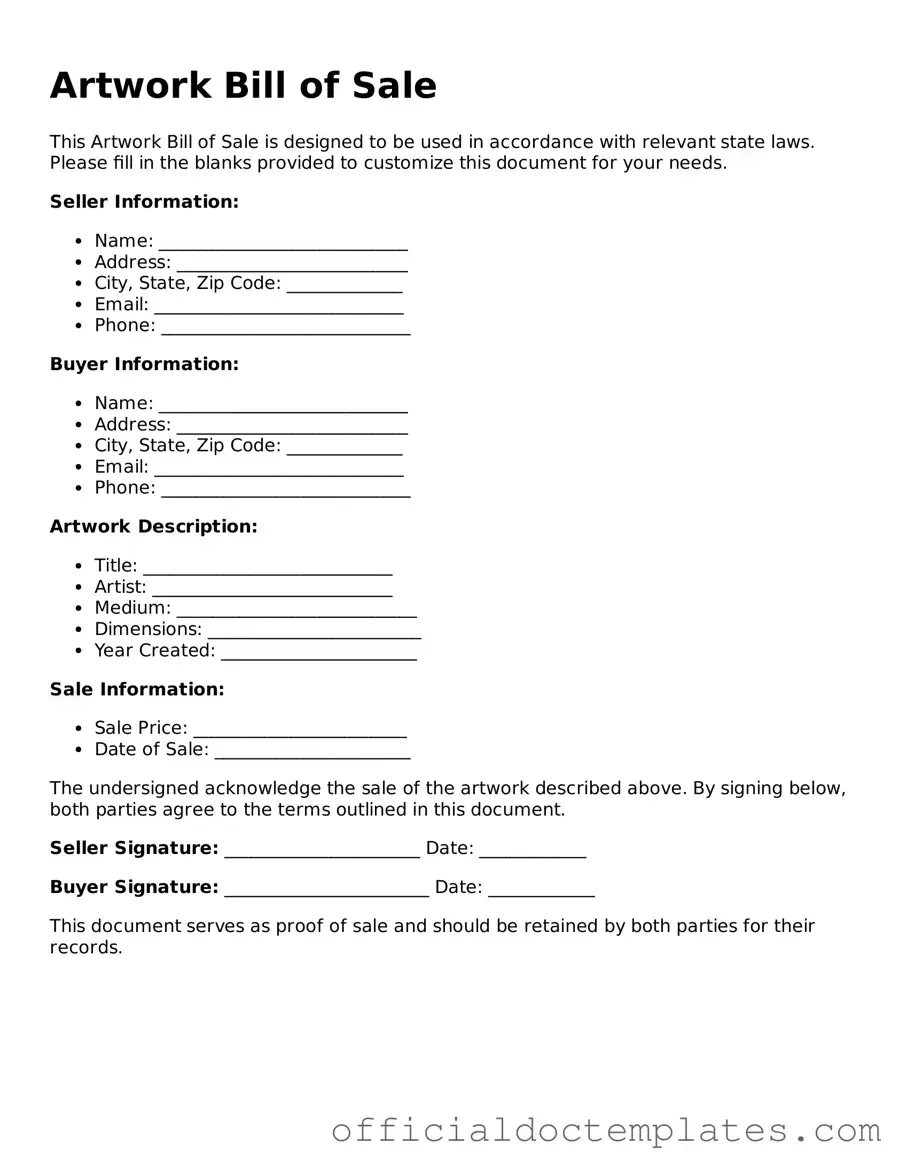 Fillable Artwork Bill of Sale Template
