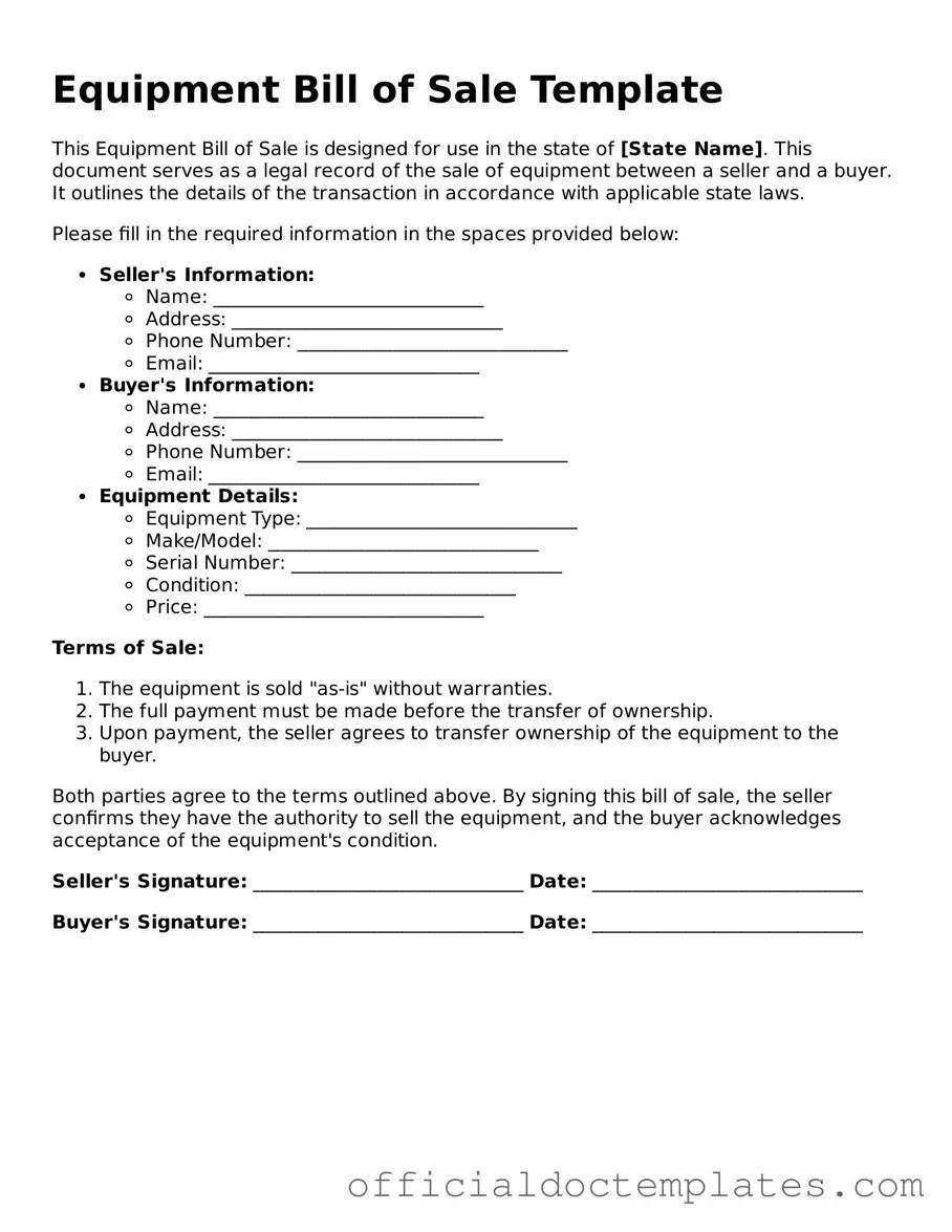 Fillable Equipment Bill of Sale Template