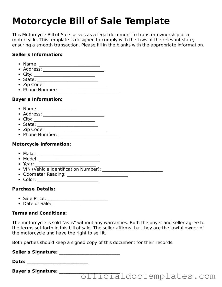 Fillable Motorcycle Bill of Sale Template