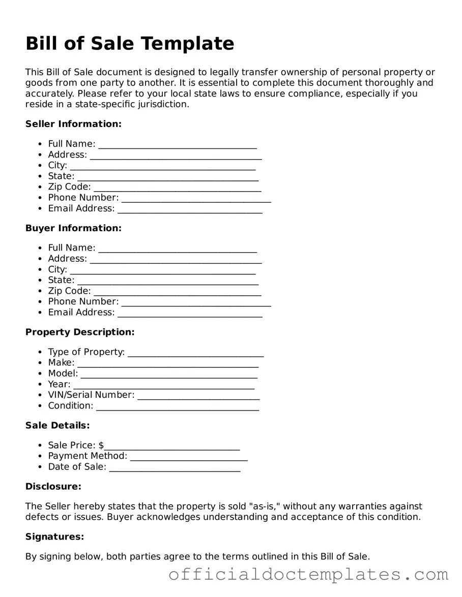 Fillable Bill of Sale Template