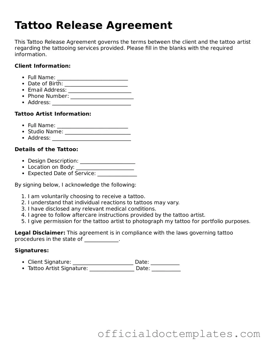 Fillable Tattoo Release Template