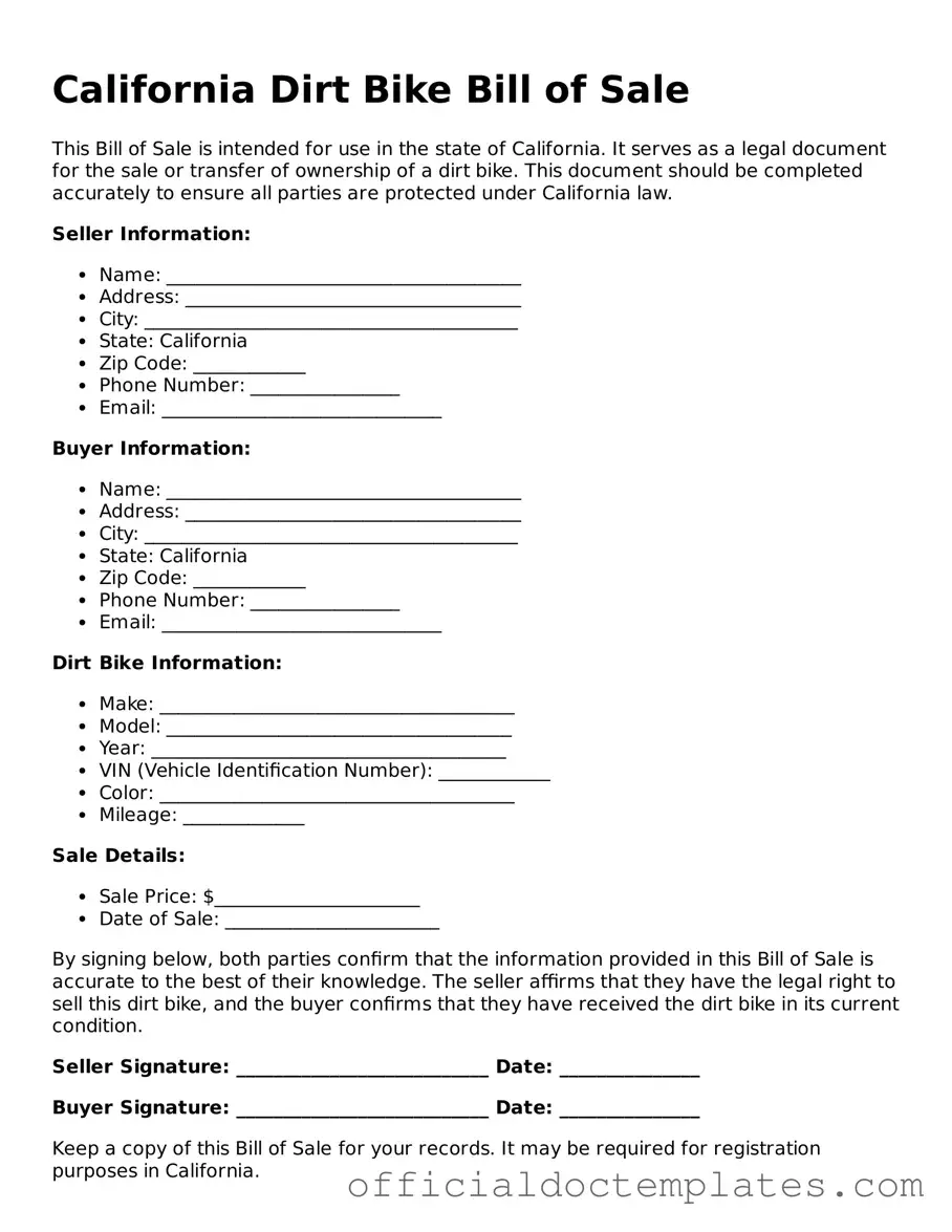Free Dirt Bike Bill of Sale Form for the State of California