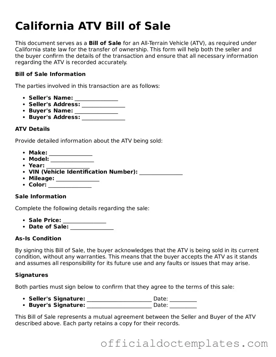 Free ATV Bill of Sale Form for the State of California