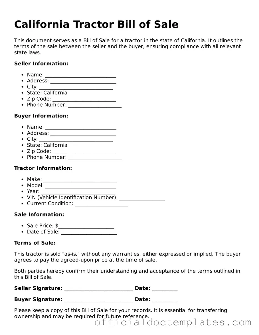 Free Tractor Bill of Sale Form for the State of California