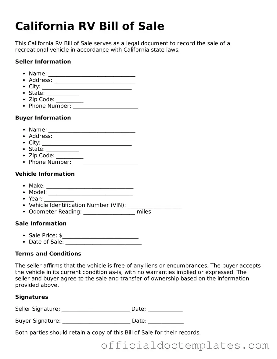 Free RV Bill of Sale Form for the State of California