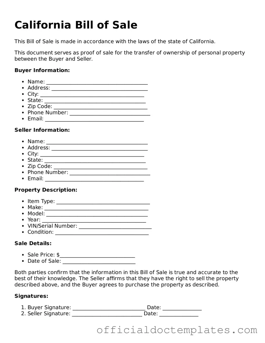 Free Bill of Sale Form for the State of California