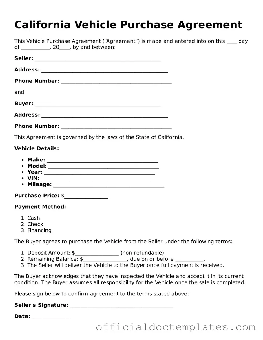 Free Vehicle Purchase Agreement Form for the State of California