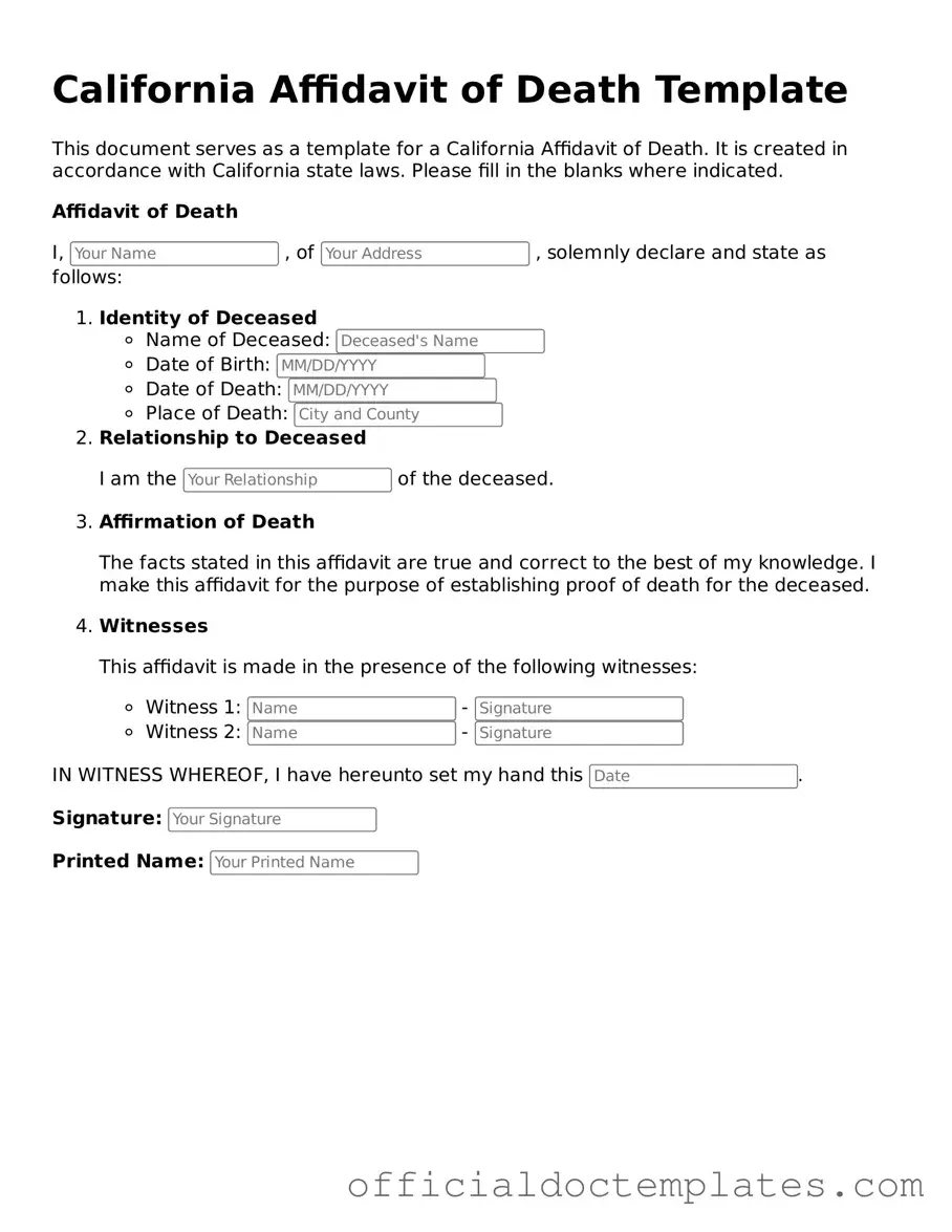 Free Affidavit of Death Form for the State of California