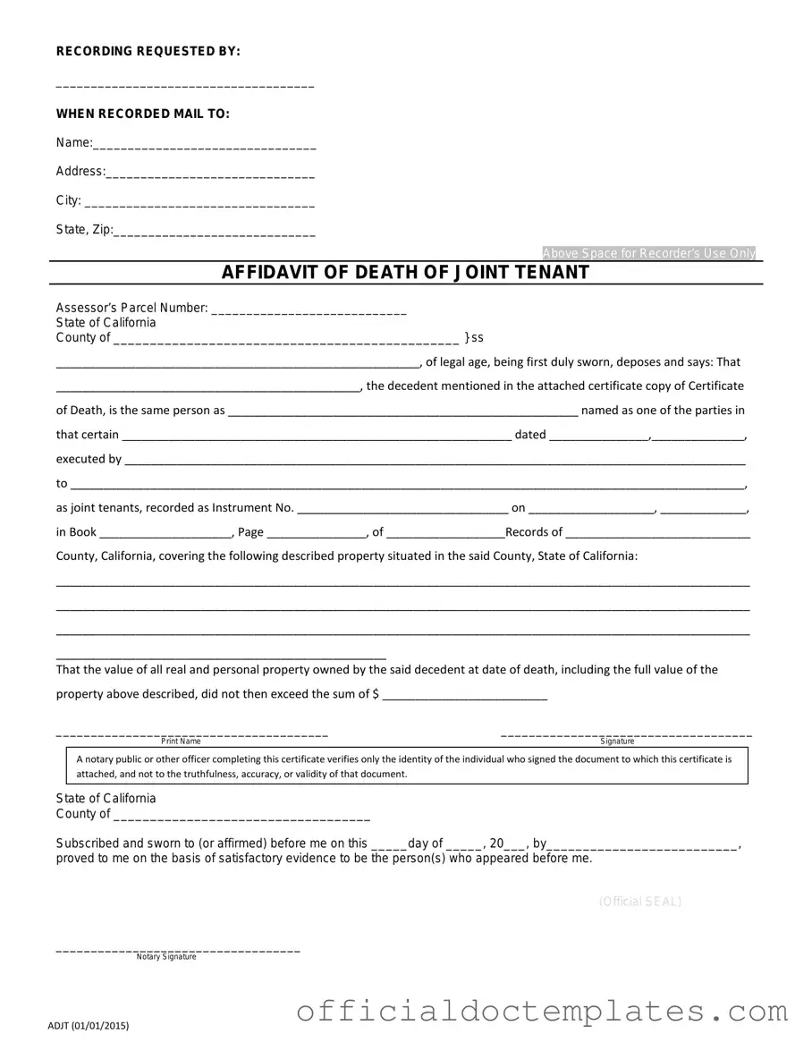 Fill Your California Death of a Joint Tenant Affidavit Template