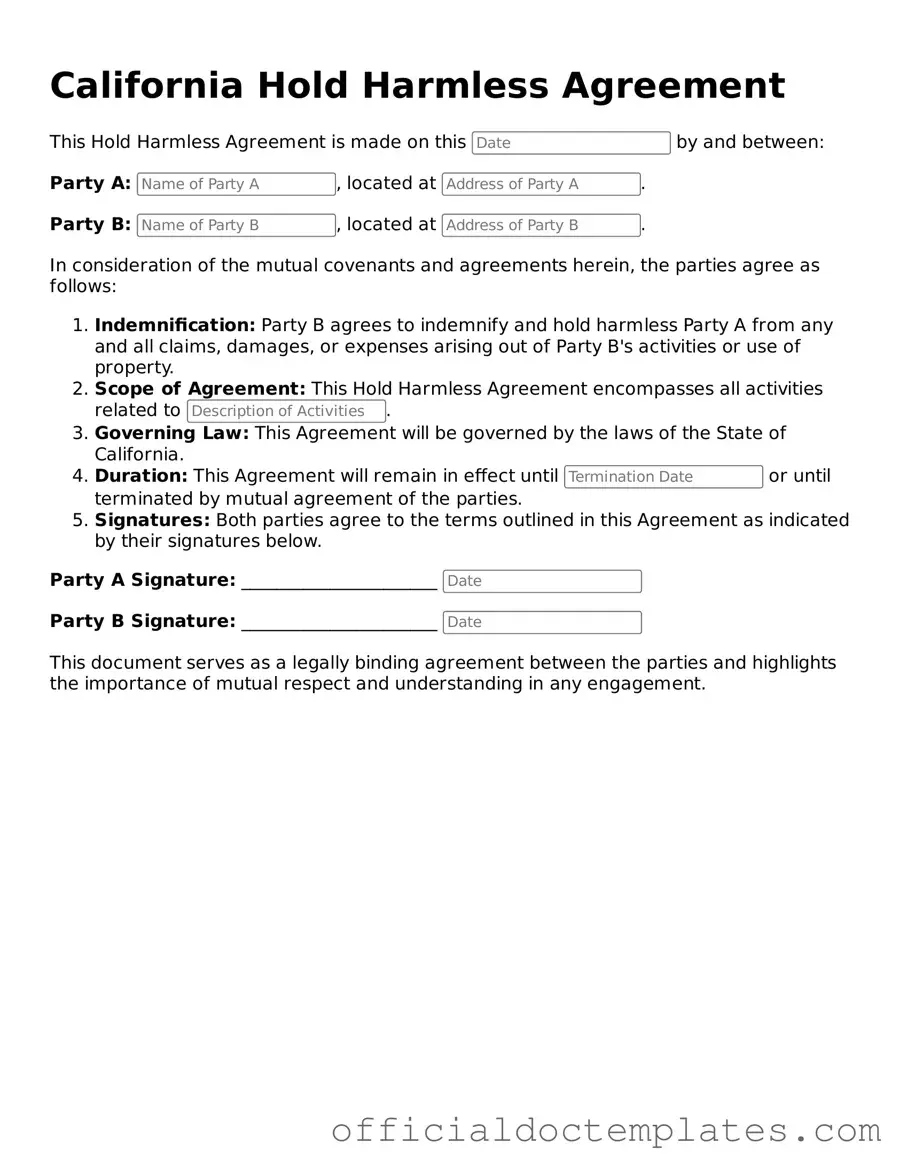 Free Hold Harmless Agreement Form for the State of California