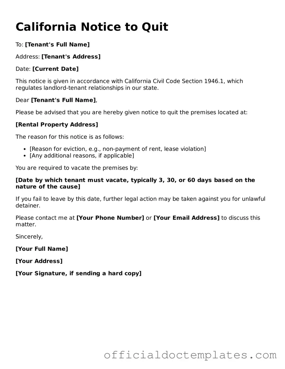 Free Notice to Quit Form for the State of California