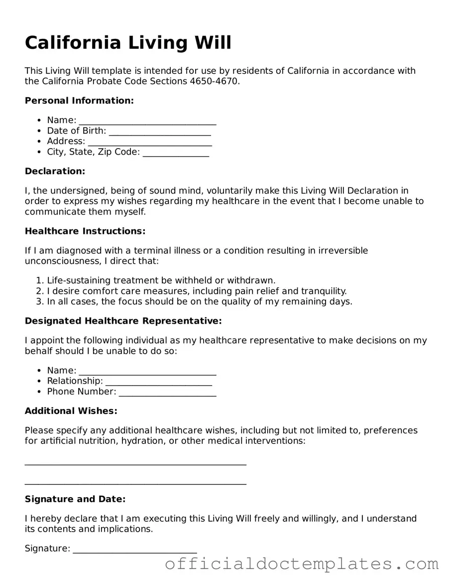 Free Living Will Form for the State of California