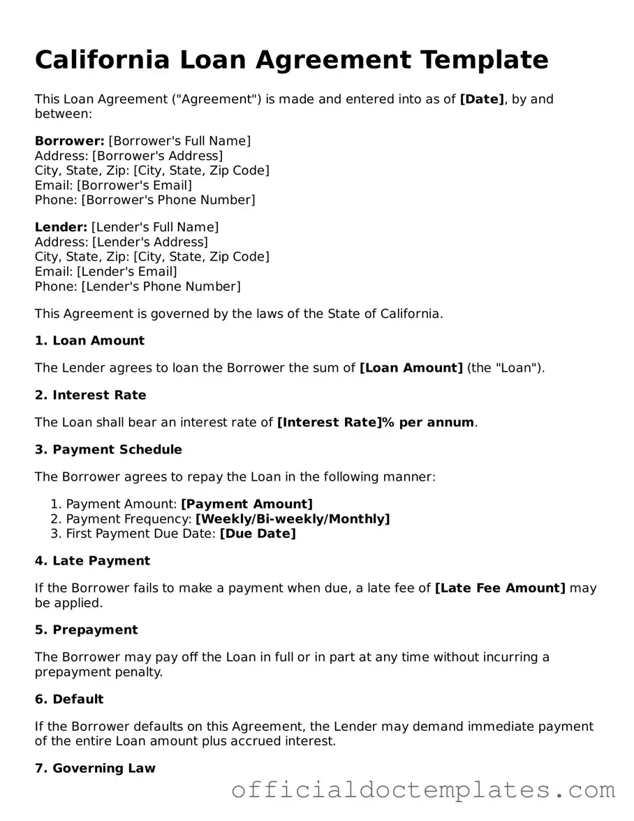 Free Loan Agreement Form for the State of California