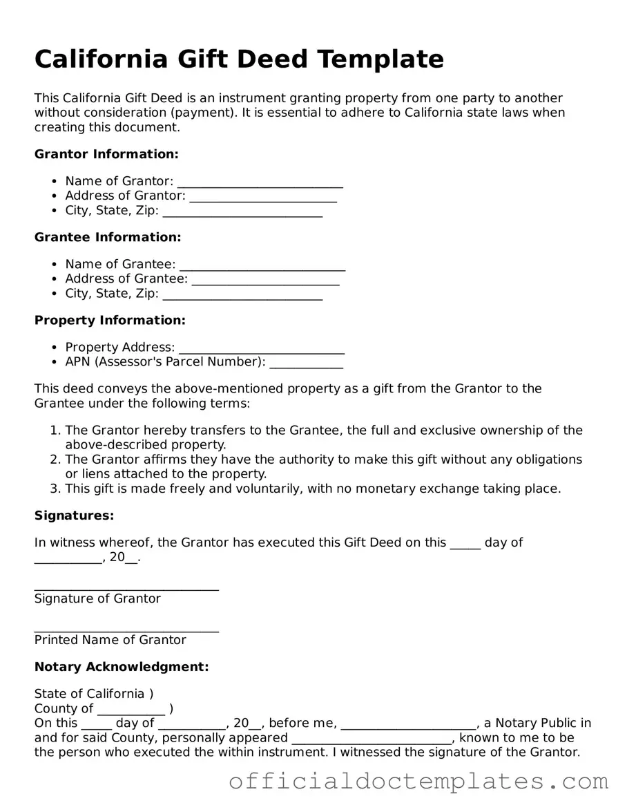 Free Gift Deed Form for the State of California