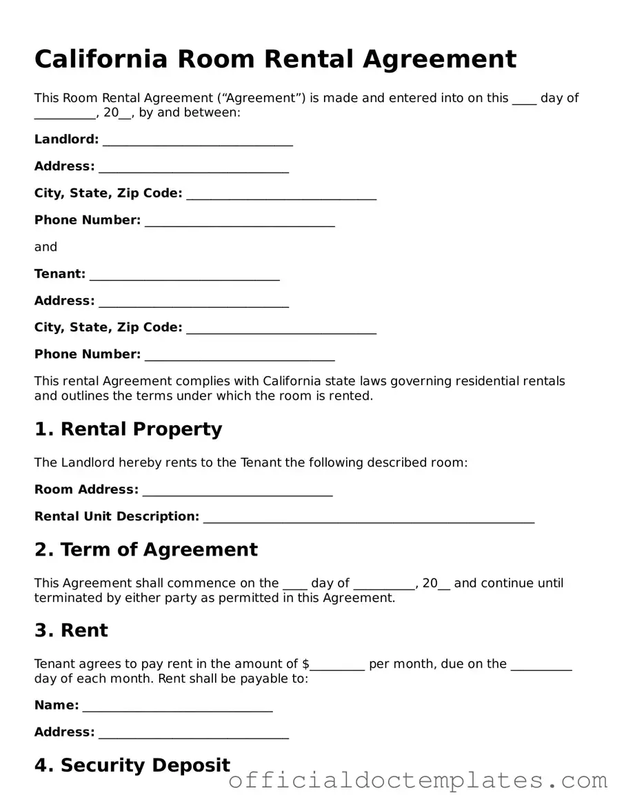 Free Room Rental Agreement Form for the State of California