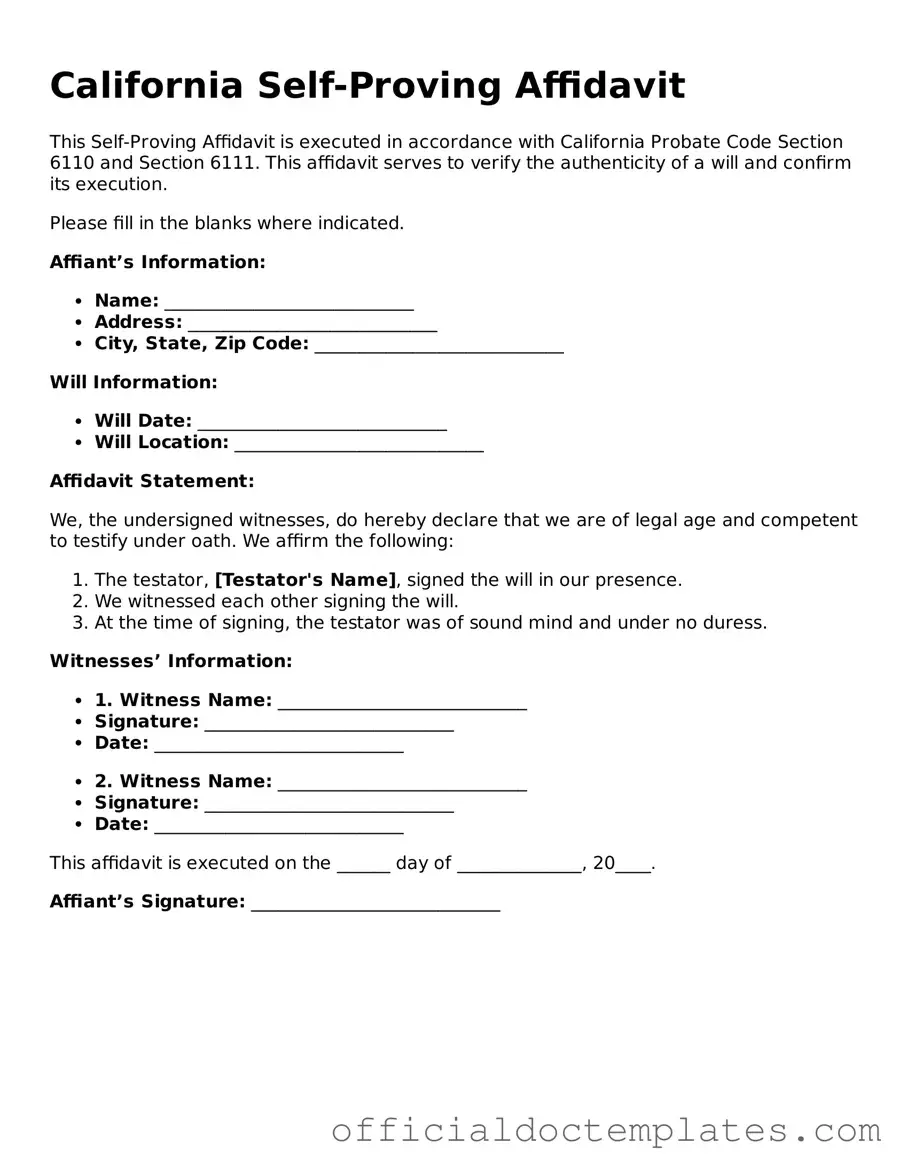 Free Self-Proving Affidavit Form for the State of California