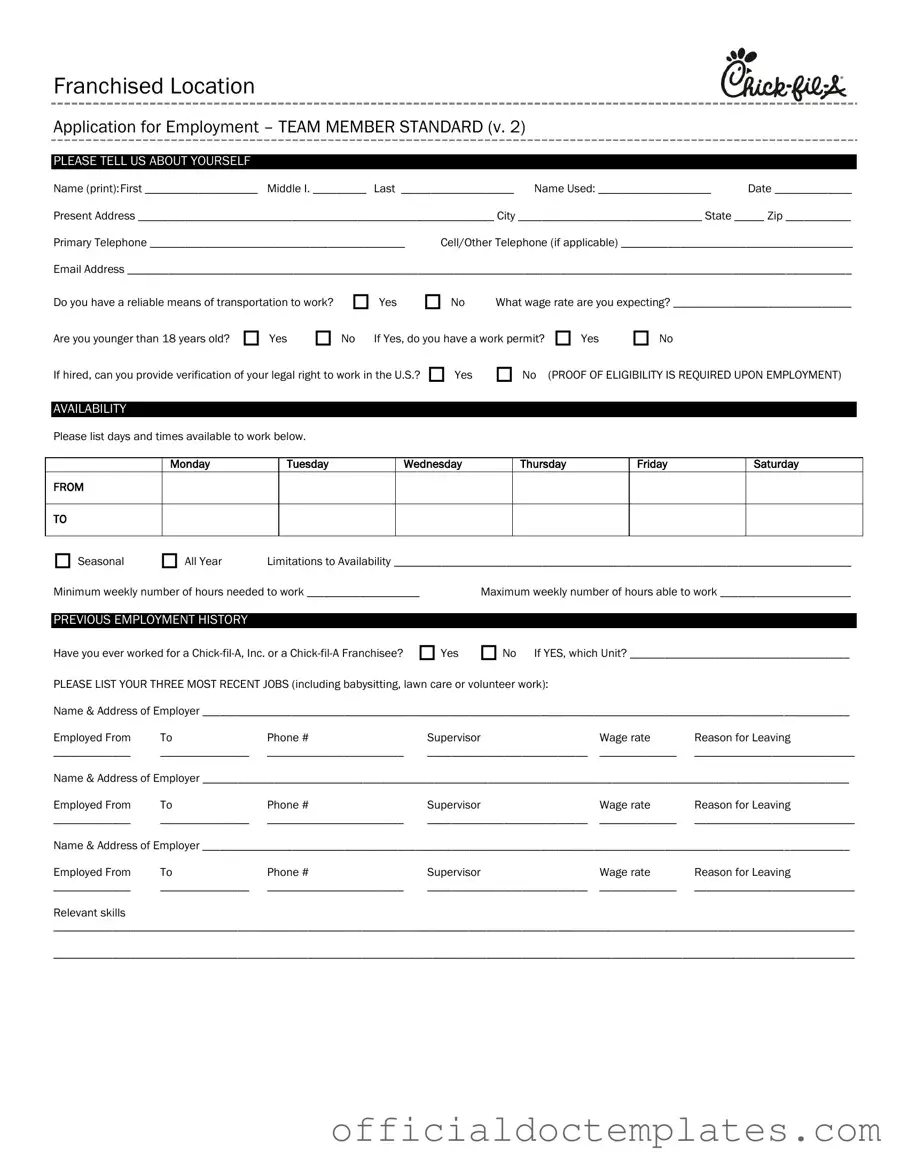 Fill Your Chick Fil A Job Application Template