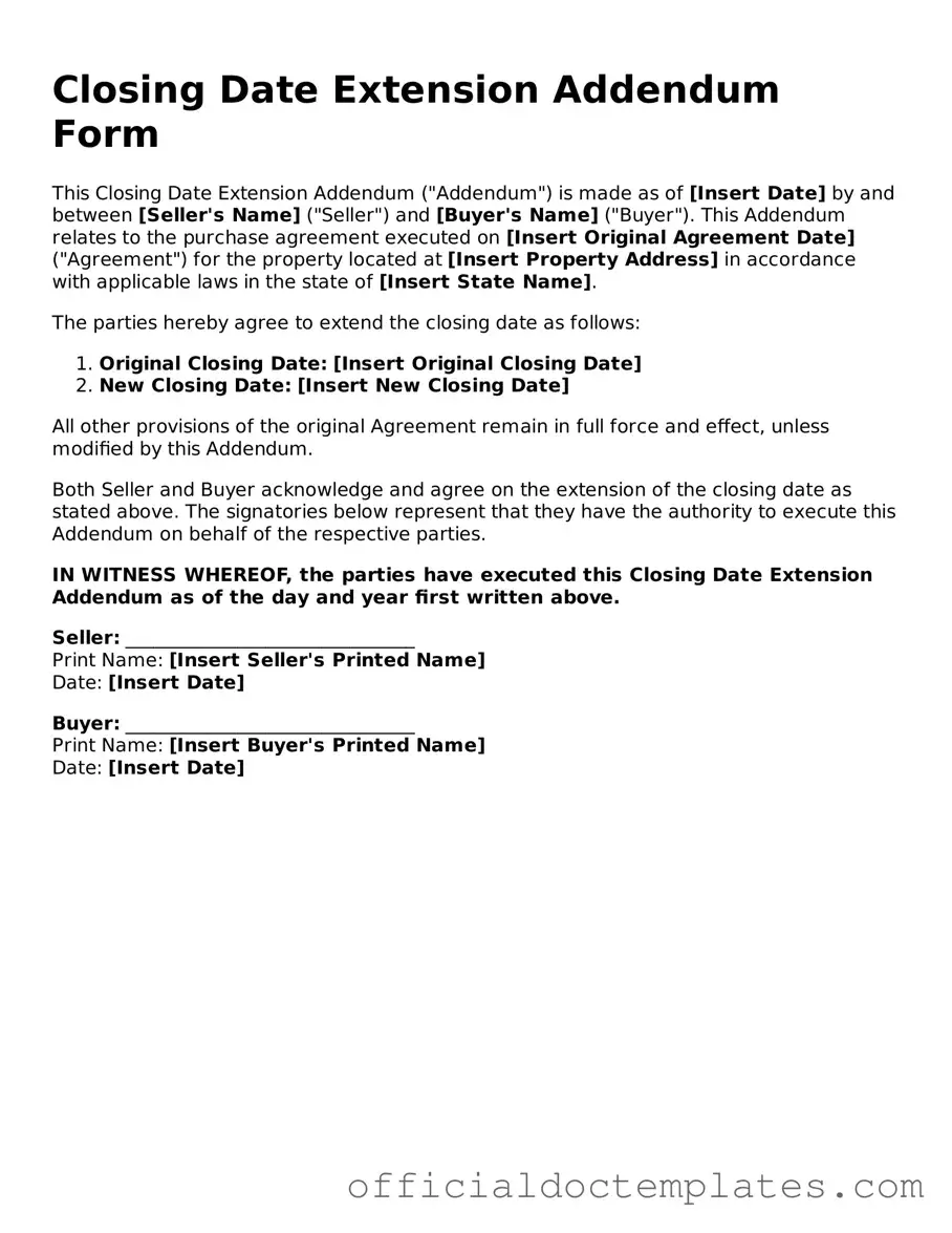 Fillable Closing Date Extension Addendum Form Template