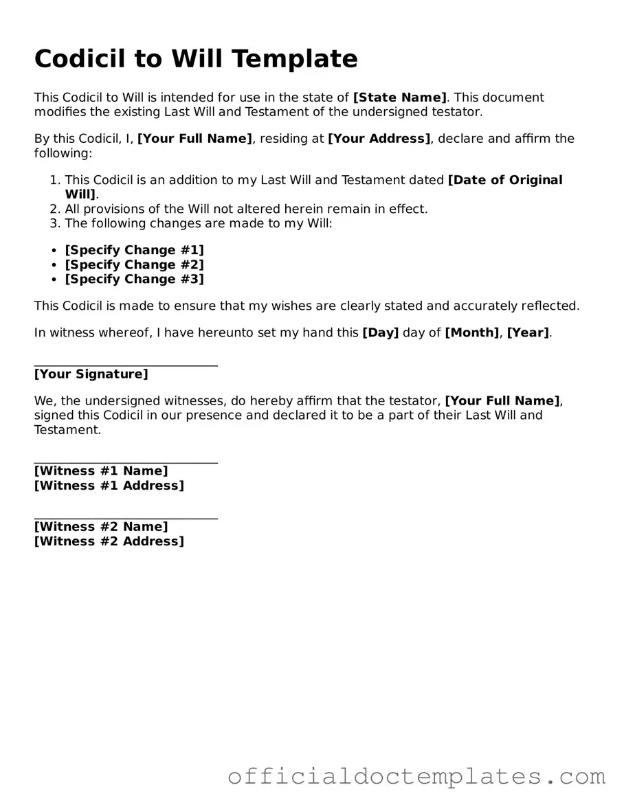 Fillable Codicil to Will Template