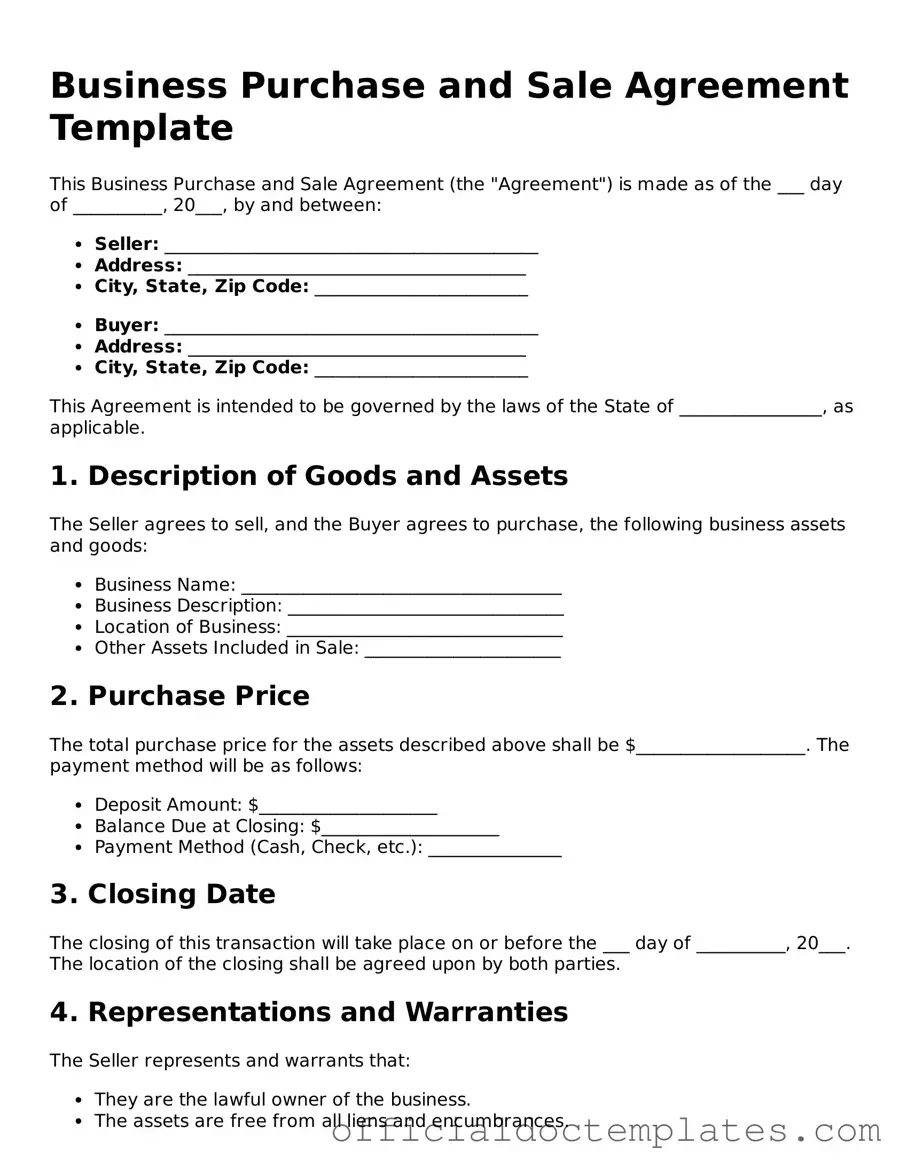 Fillable Business Purchase and Sale Agreement Template