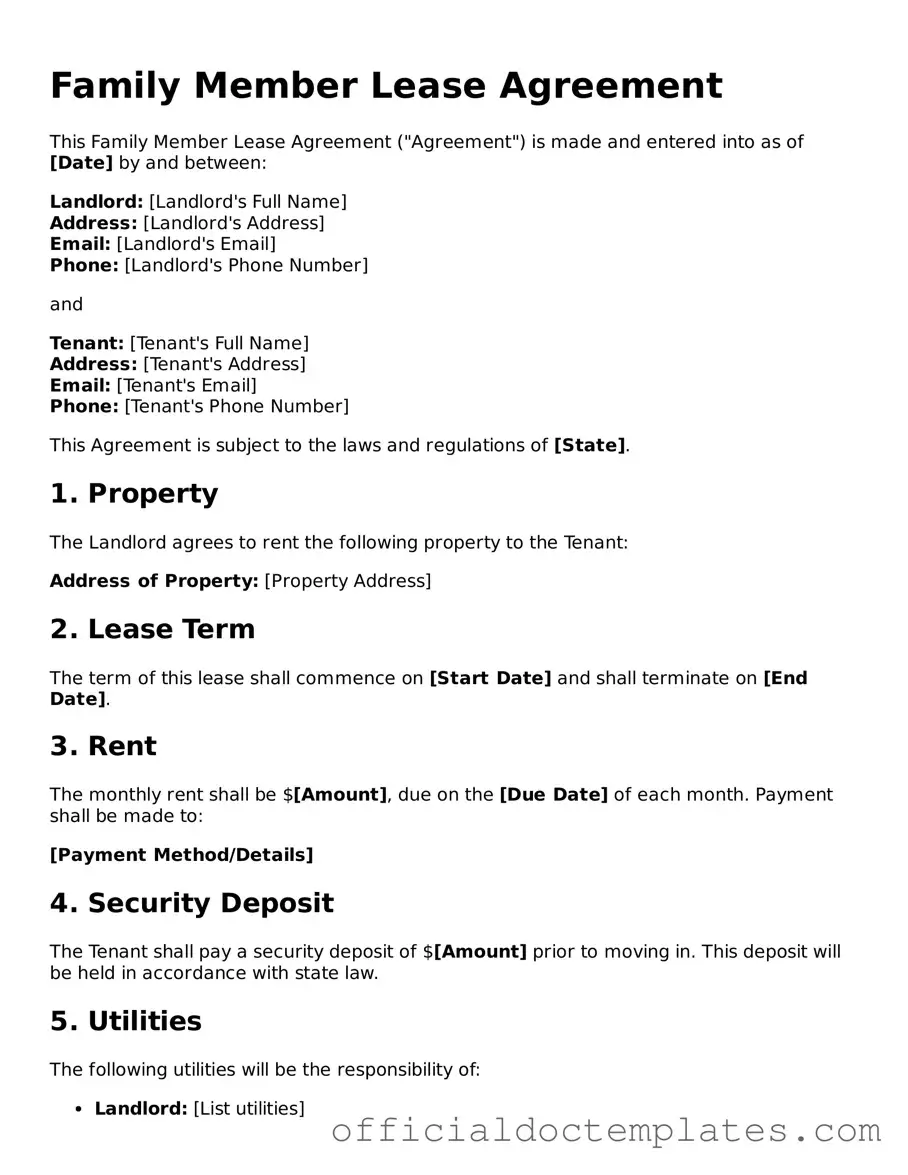 Fillable Family Member Lease Agreement Template