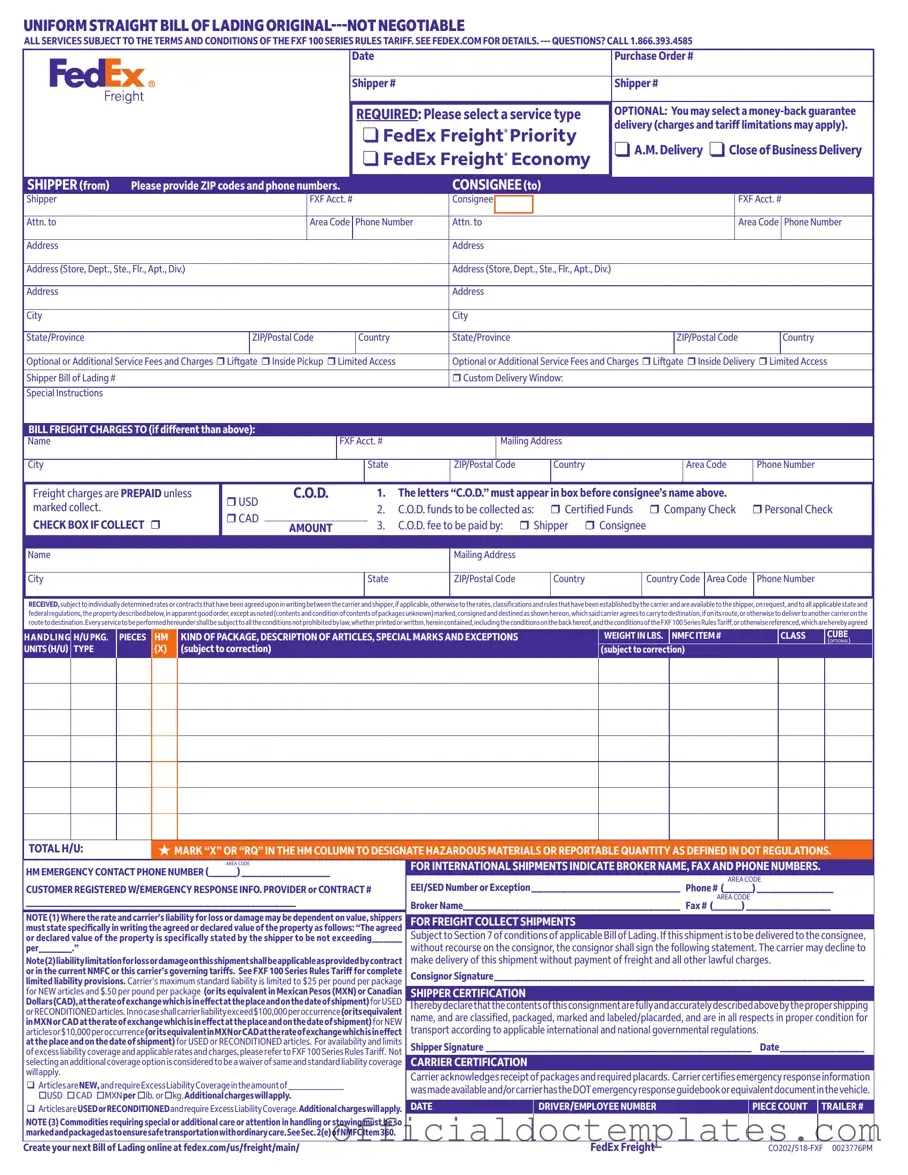 Fill Your Fedex Bill Of Lading Template