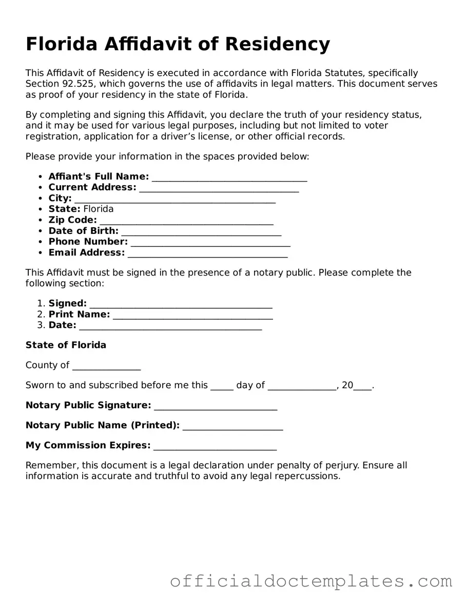 Free Affidavit of Residency Form for the State of Florida