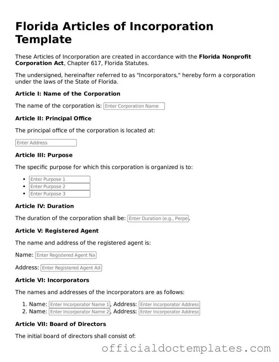 Free Articles of Incorporation Form for the State of Florida
