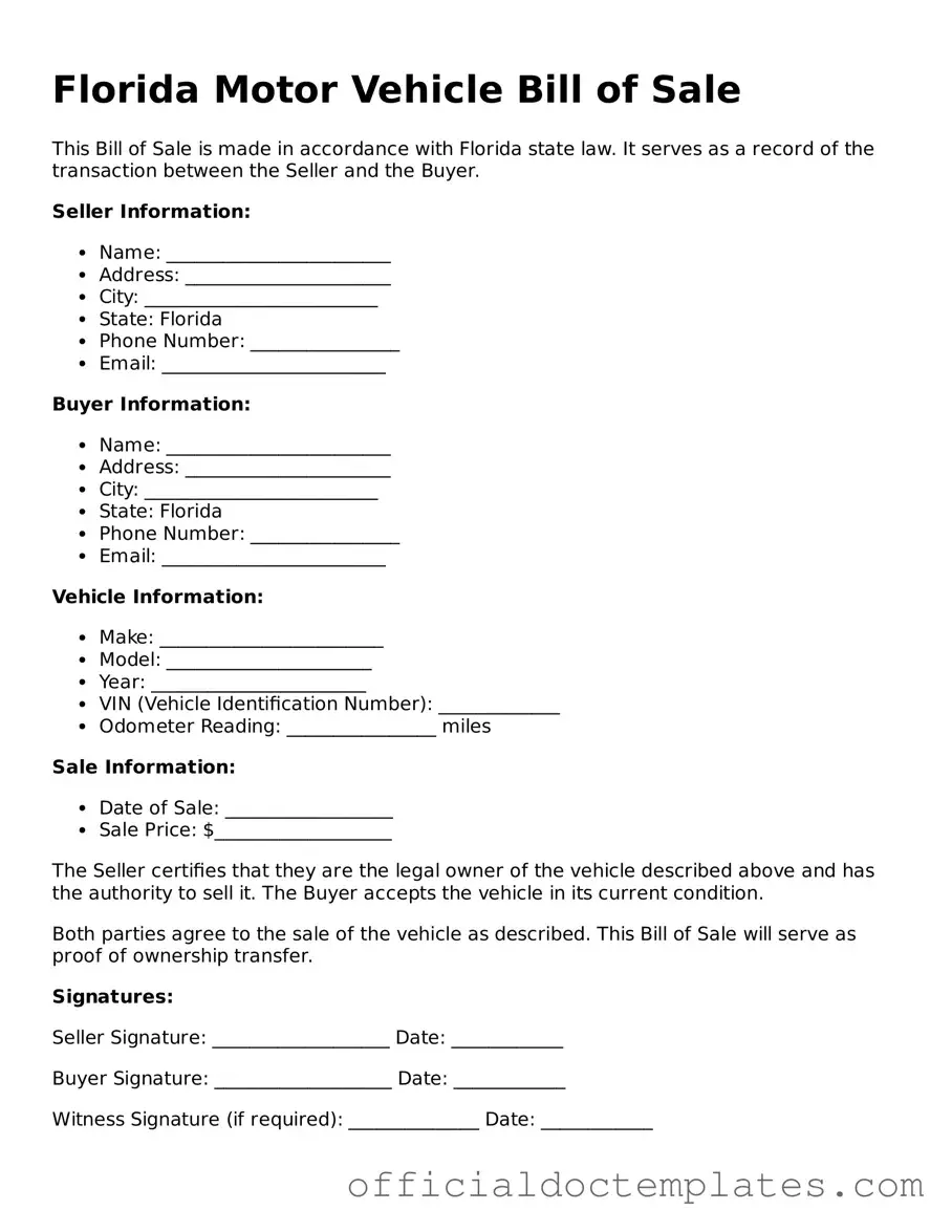 Free Motor Vehicle Bill of Sale Form for the State of Florida