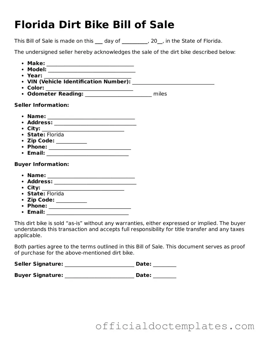 Free Dirt Bike Bill of Sale Form for the State of Florida