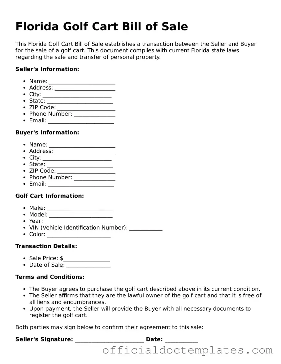 Free Golf Cart Bill of Sale Form for the State of Florida