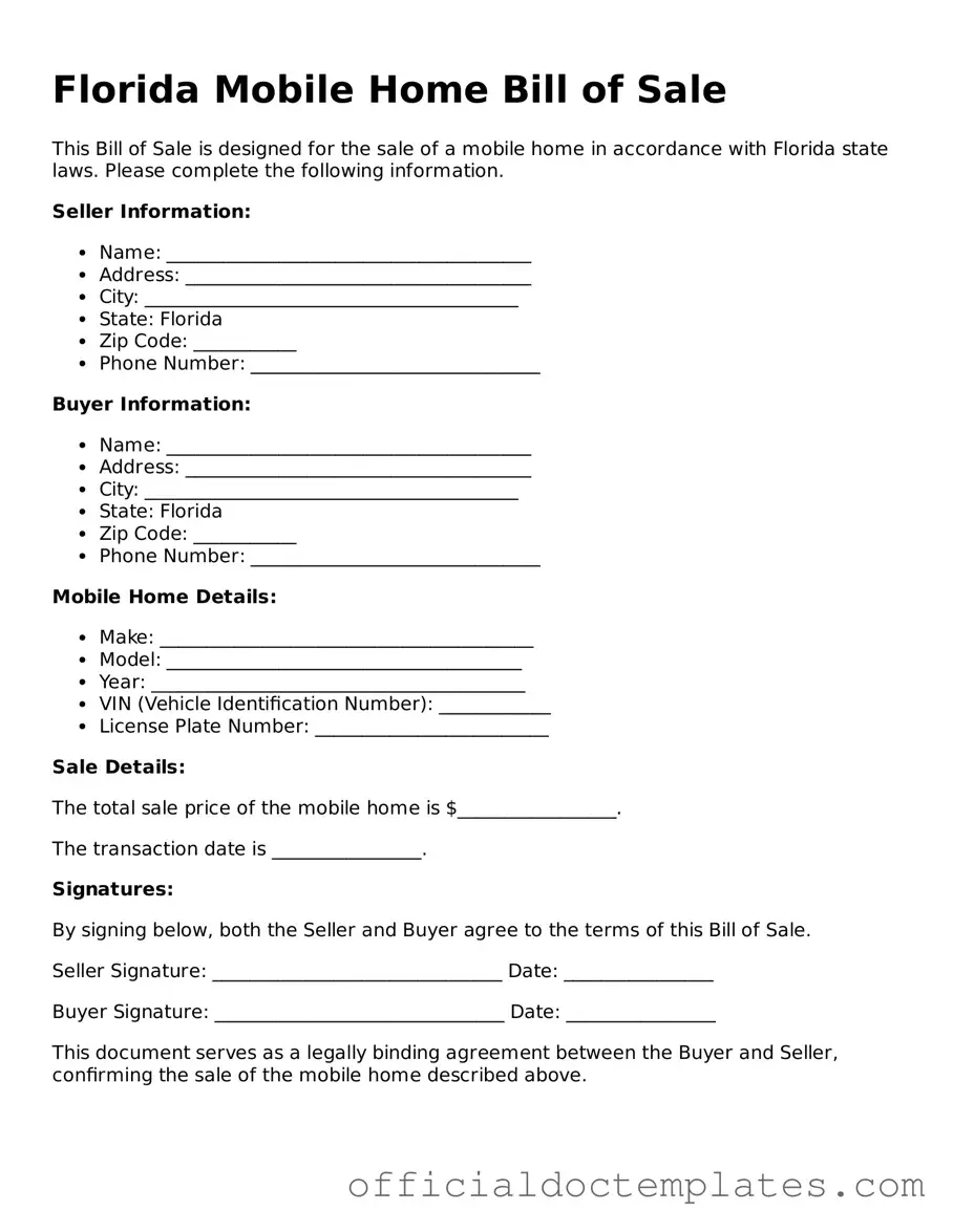 Free Mobile Home Bill of Sale Form for the State of Florida