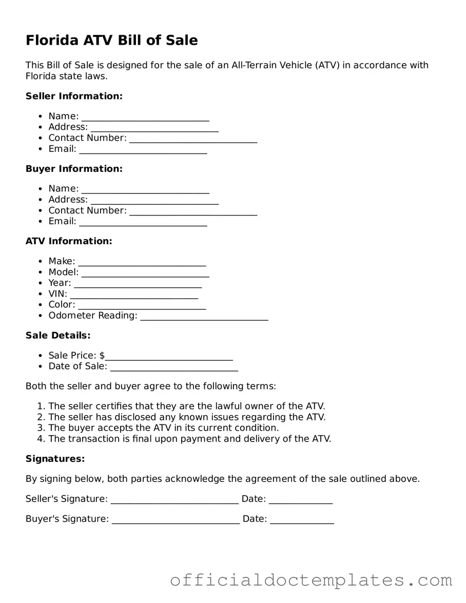 Free ATV Bill of Sale Form for the State of Florida