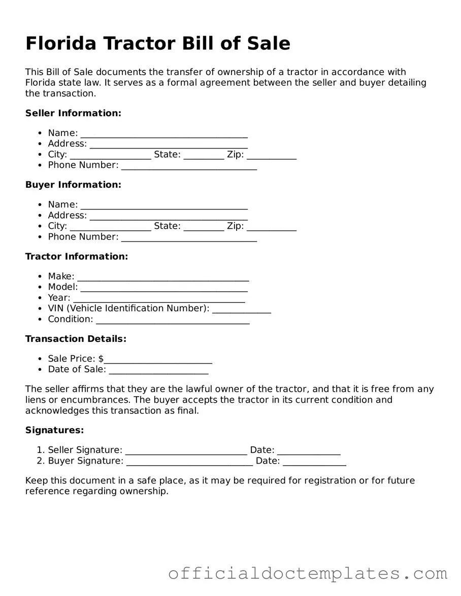 Free Tractor Bill of Sale Form for the State of Florida