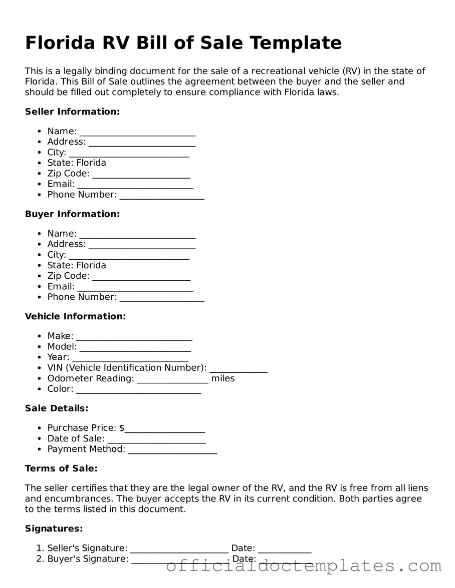 Free RV Bill of Sale Form for the State of Florida