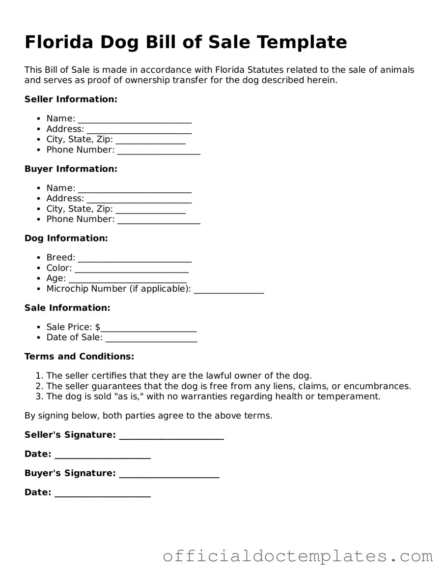 Free Dog Bill of Sale Form for the State of Florida
