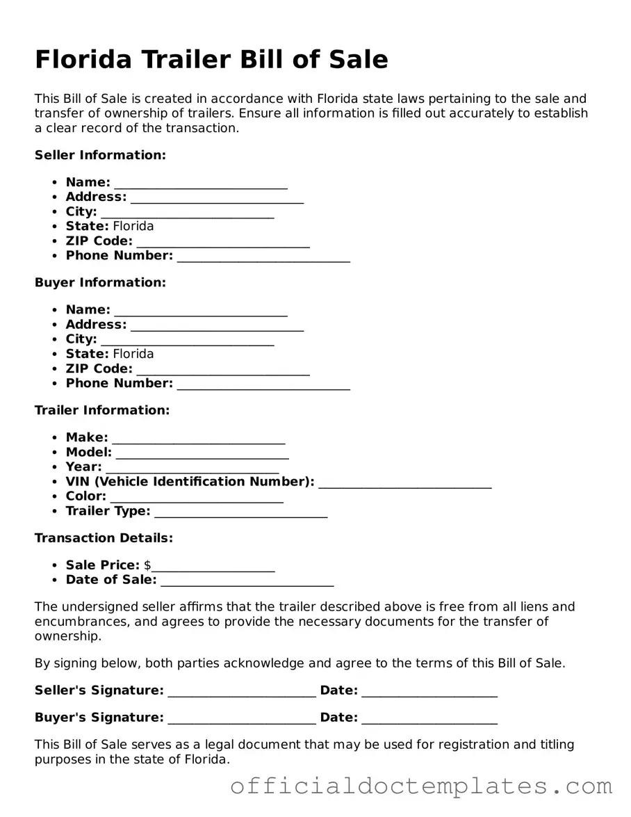 Free Trailer Bill of Sale Form for the State of Florida