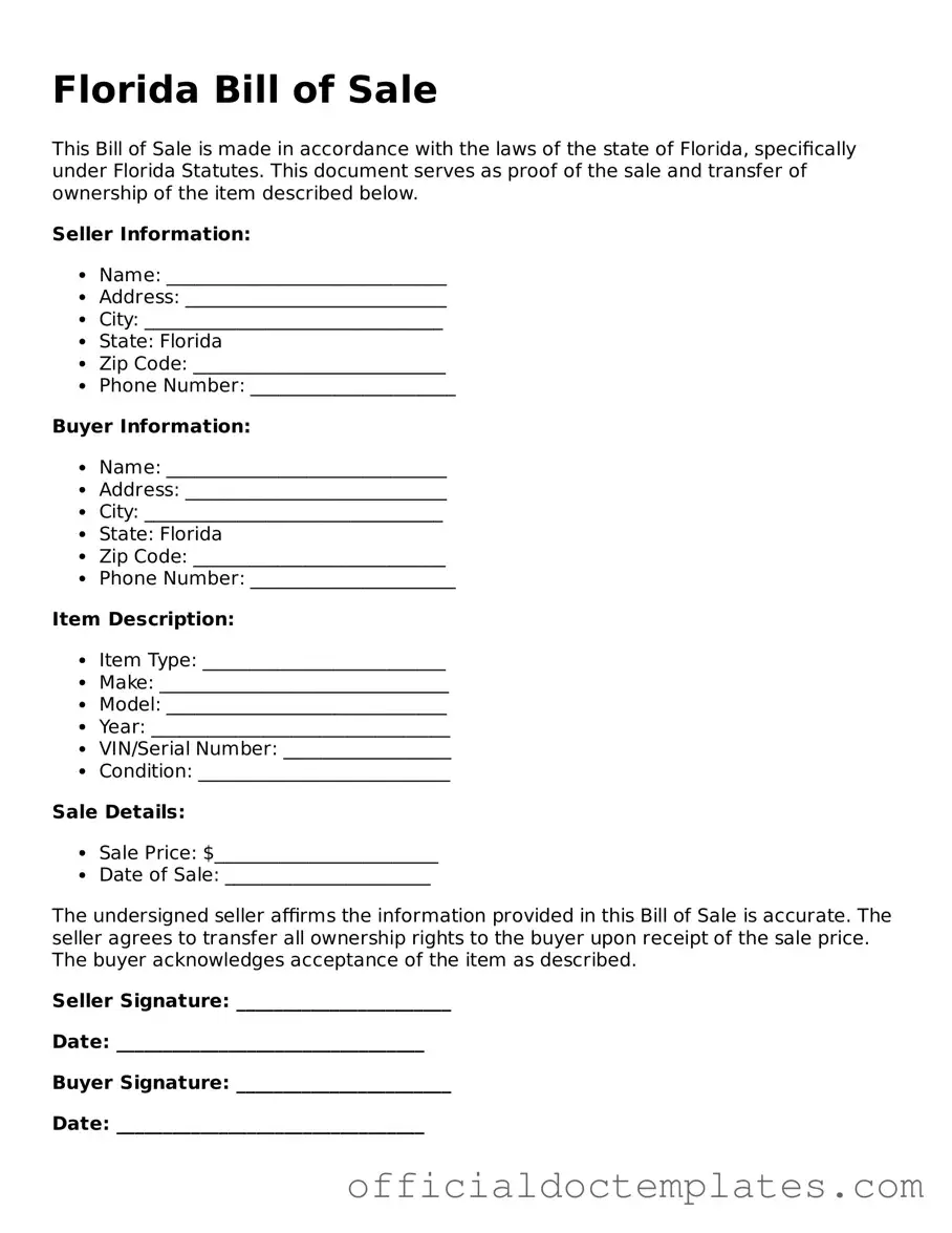 Free Bill of Sale Form for the State of Florida
