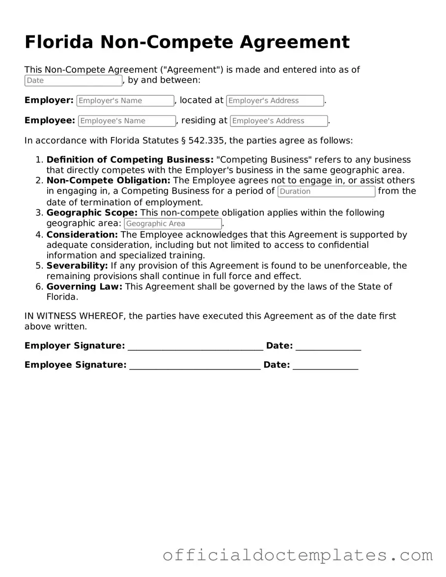 Free Non-compete Agreement Form for the State of Florida