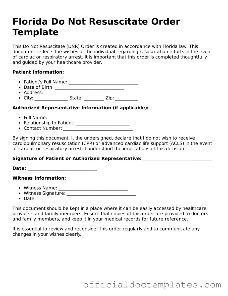 Free Do Not Resuscitate Order Form for the State of Florida
