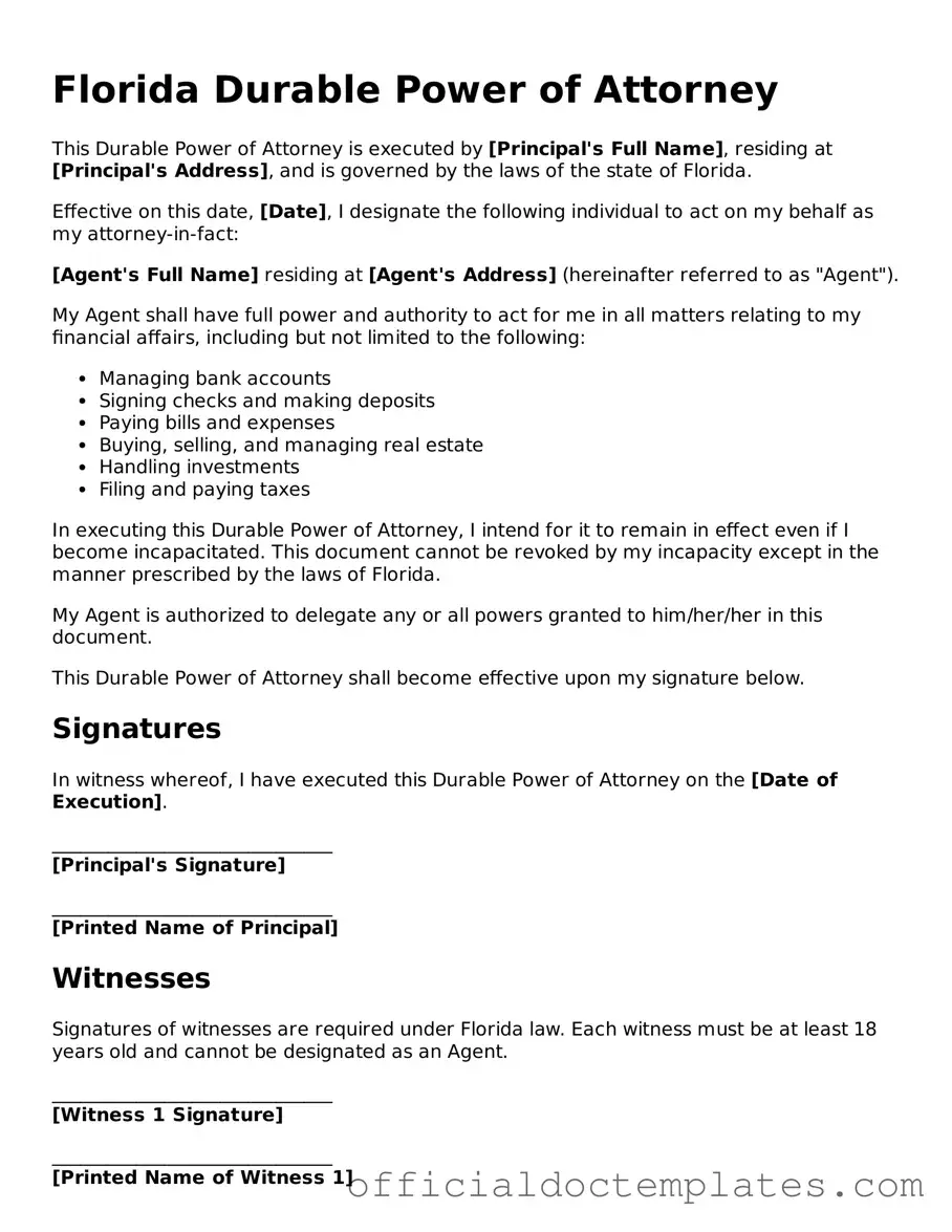 Free Durable Power of Attorney Form for the State of Florida