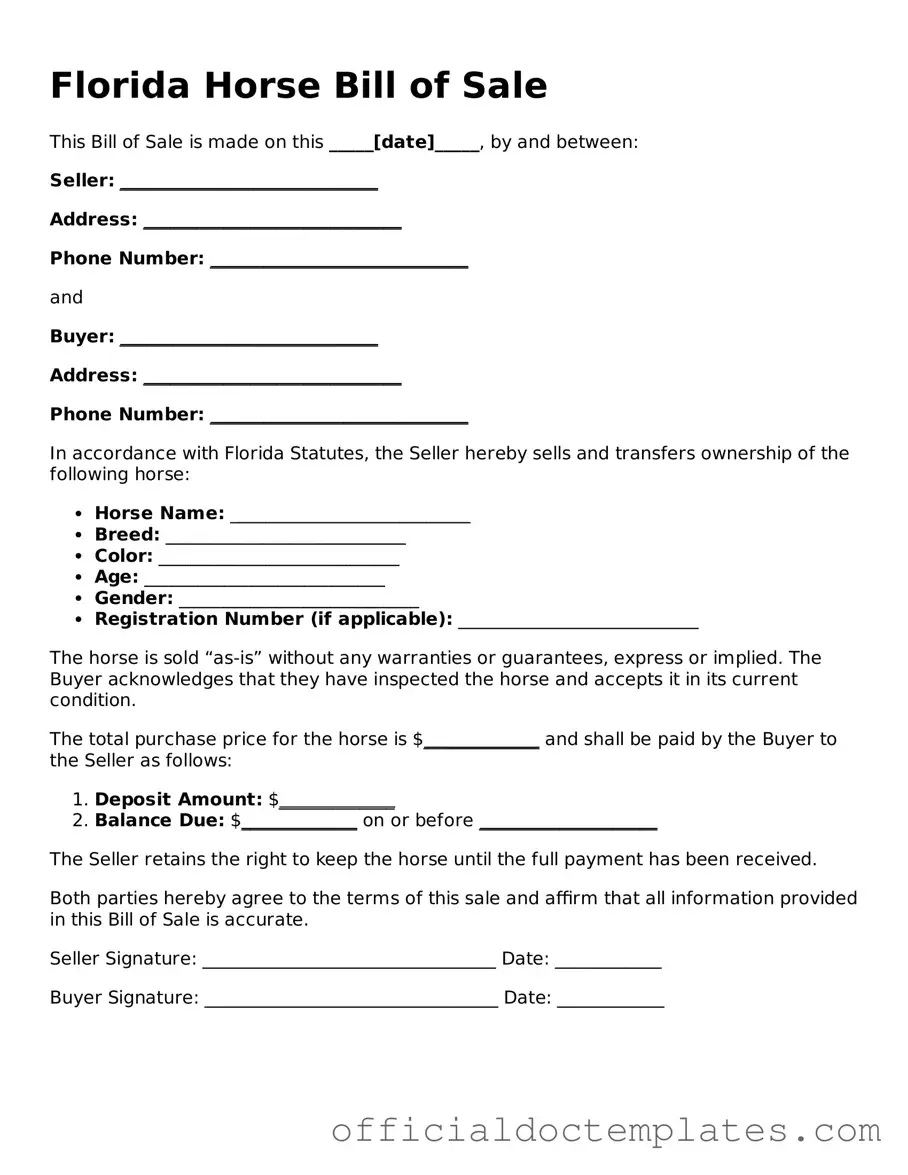 Free Horse Bill of Sale Form for the State of Florida